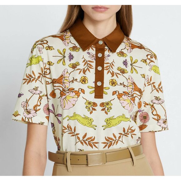 Tory Burch Ivory Rabbit Field Printed Mercerized Polo T Shirt Floral Bunny M - Picture 2 of 15
